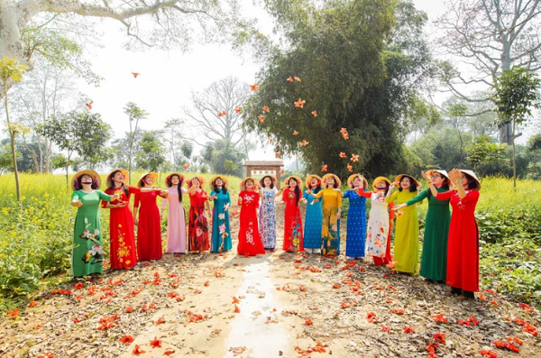 Hàng chục phụ nữ ở xã Tam Sơn (huyện Anh Sơn) lưu lại những tấm ảnh bên những gốc gạo đang thì trổ bông (Ảnh- Rạng Đông). 