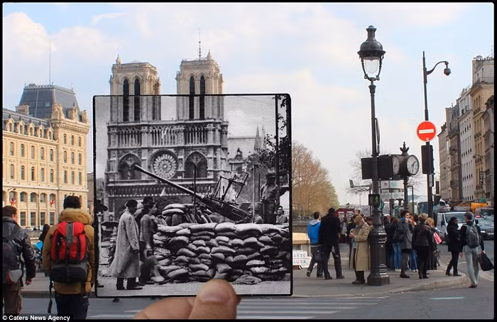 Phía trước nhà thờ Notre Dame, nơi ngày xưa Đức Quốc xã đặt pháo phòng không và giờ đây là một điểm hút khách du lịch.