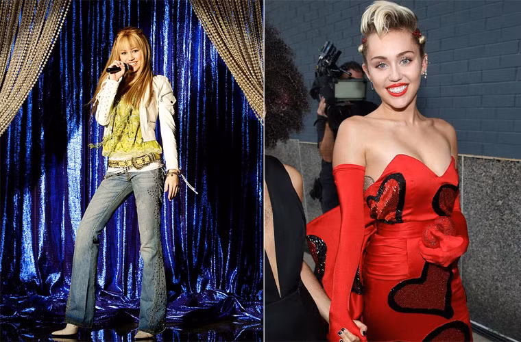 Bức ảnh chụp Miley năm 2007, lúc nữ diễn viên trẻ bắt đầu nổi tiếng với Hanna Montana, ba năm sau khi cô bé làm mẫu ảnh lần đầu (trái) và hình ảnh hiện tại của Miley.