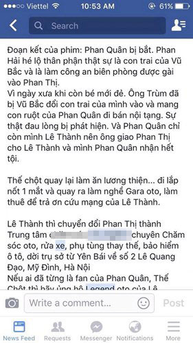 Phiên bản kết hài hước của anh thợ sửa xe. Kết thúc phim Phan Quân bị bắt, Phan Hải thực ra là con của Vũ Bắc, là công an biên phòng nằm vùng trong Phan thị. Lê Thành lên nắm quyền Phan Thị và Phan Quân nhận hết tội. Về phần Thế Chột hoàn lương, lắp thêm mắt và mở gara ô tô, làm thuê để trả nợ Lê Thành. Ảnh: FB Hội Làm Cha Mẹ.