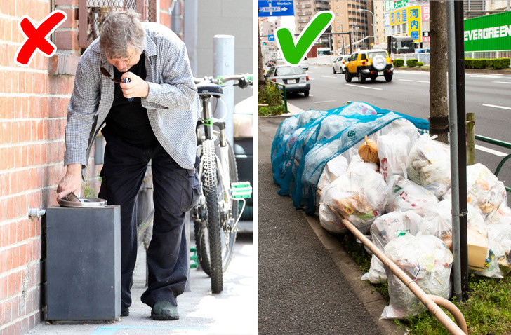 Tại Tokyo, hầu như không có thùng rác. Mọi người thường chỉ để các túi rác bên đường và sau đó nhân viên vệ sinh môi trường sẽ dọn chúng. Ngoài ra, người dân cũng chỉ được hút thuốc ở những nơi quy định.