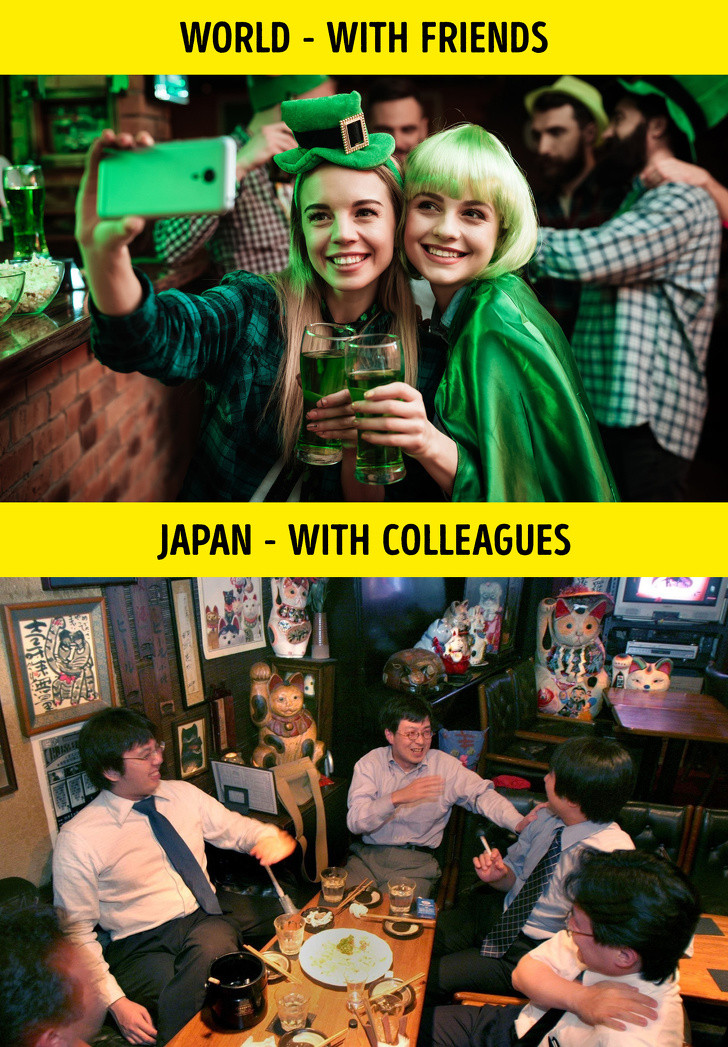 Đi bar với sếp là một "truyền thống" đối với các nhân viên ở Nhật Bản. Đây là cách họ xây dựng mối quan hệ ổn định trong nhóm làm việc. Nhân viên văn phòng nếu không đi đến quán bar, họ sẽ trở thành người ngoài cuộc và đó là một nỗi sợ hãi.