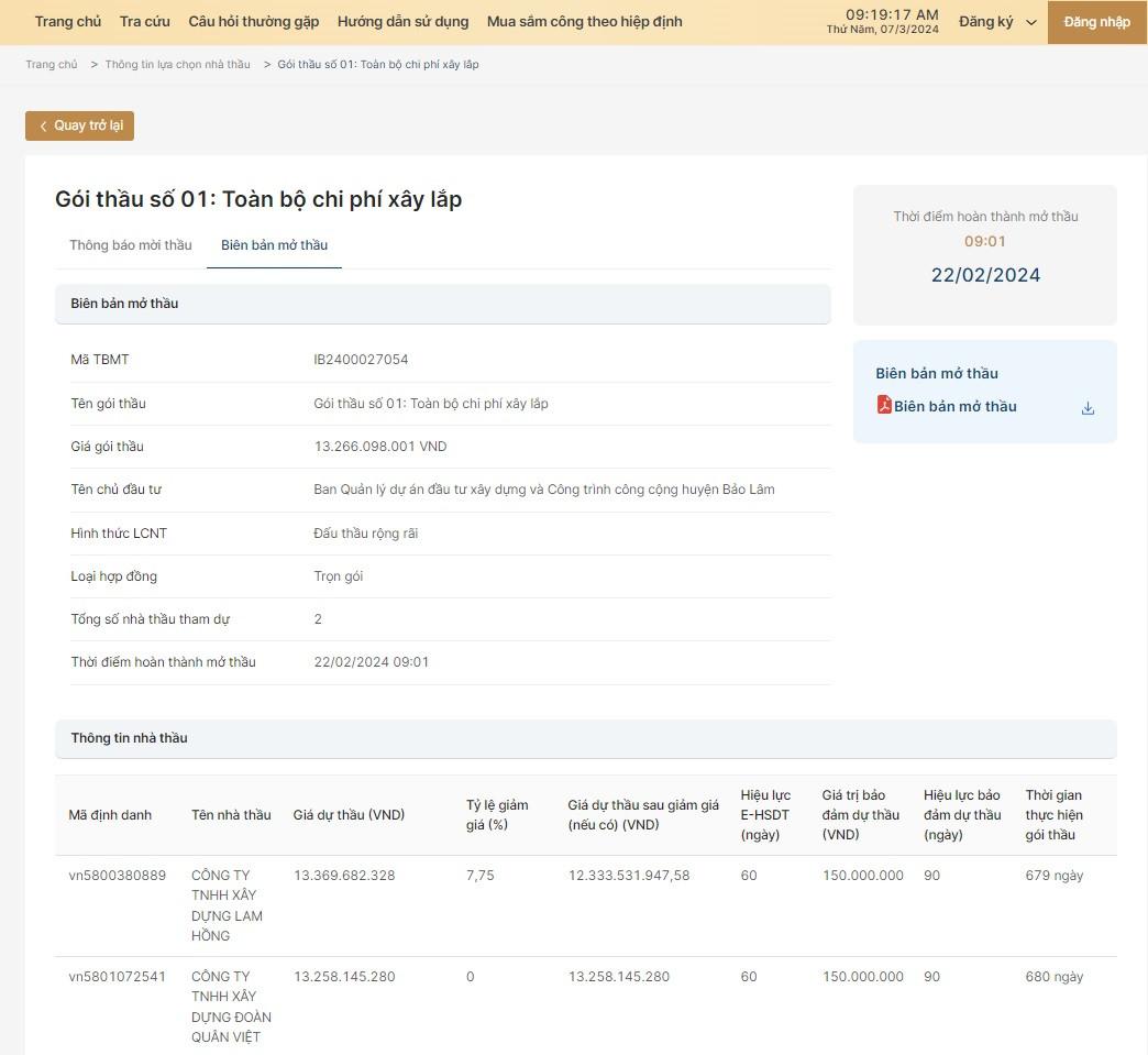 Lâm Đồng: Gói thầu xây lắp hơn 13 tỷ tại Bảo Lâm về tay ai? Lam Dong: Goi thau xay lap hon 13 ty tai Bao Lam ve tay ai?