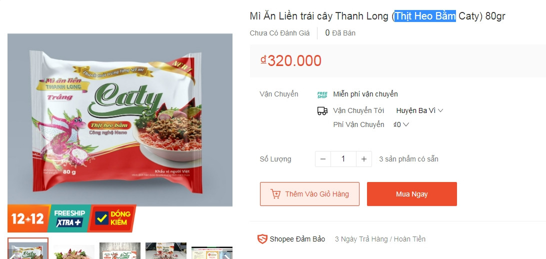 Một thùng mì tôm thanh long (thịt heo bằm) 30 gói có giá 320.000 đồng.