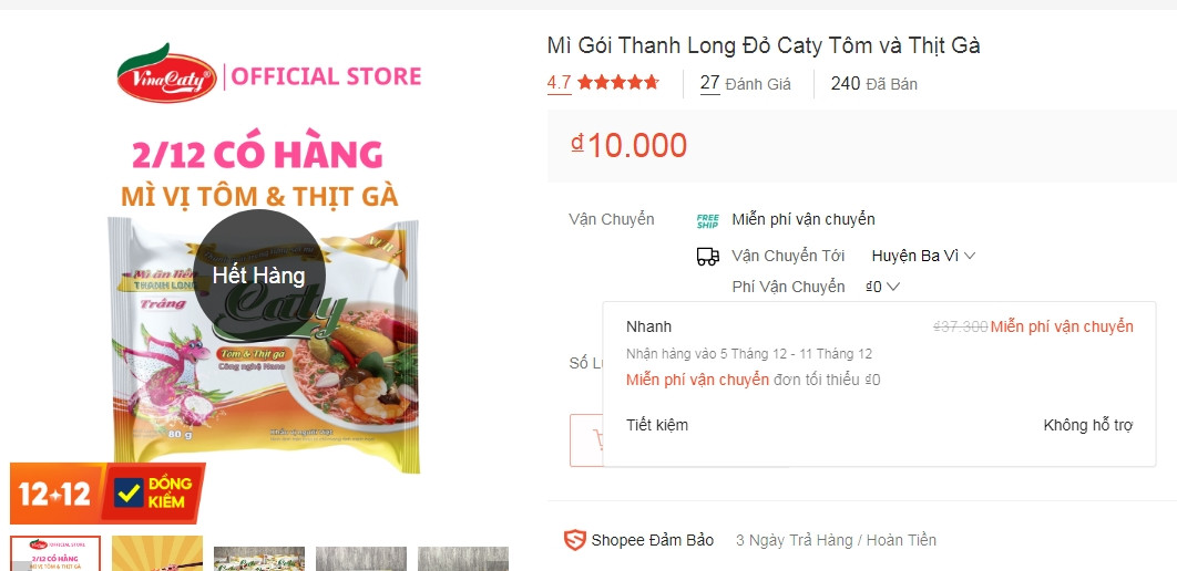 Trên gian hàng shopee, mì tôm thanh long có giá 10.000 đồng/gói. Ảnh chụp màn hình