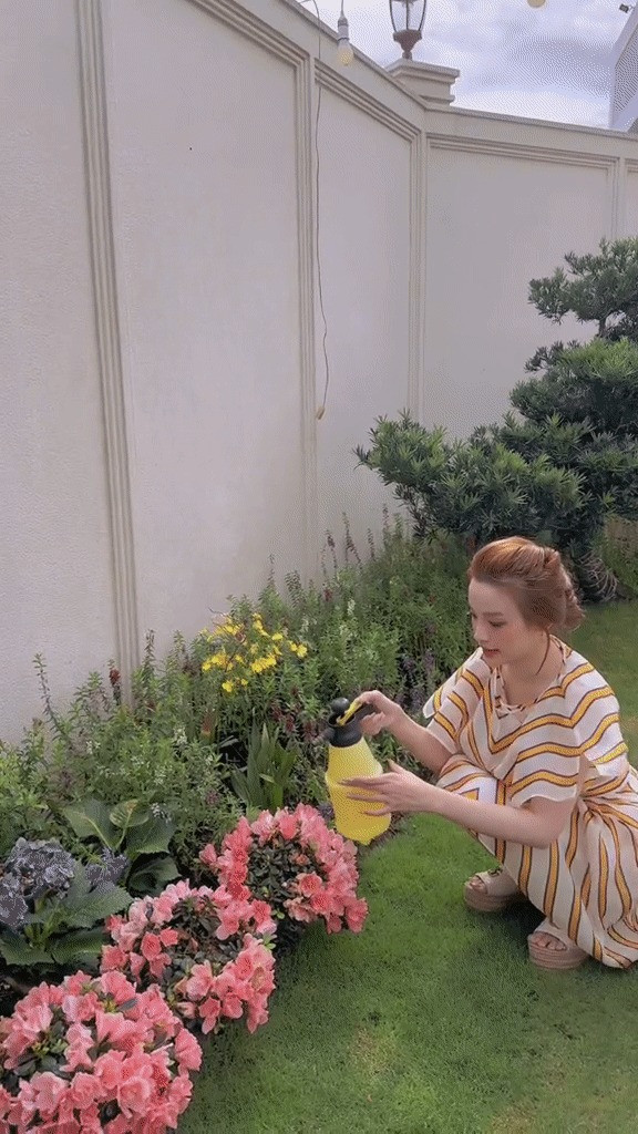 Để cây phát triển tươi tốt, vợ chồng Huyền Baby thuê nhân công bên ngoài đến để chăm sóc mỗi tuần.