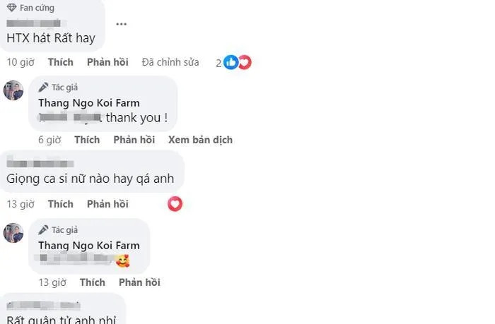 Dưới bài đăng, nhiều cư dân mạng nhận ra giọng hát của ca sĩ Hà Thanh Xuân và để lại bình luận khen ngợi. Đáp lại bình luận này, "vua cá Koi" thay vợ cũ gửi lời cảm ơn.