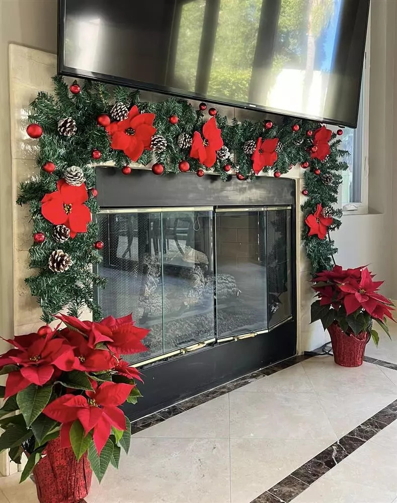 Bên dưới chỗ đặt ti vi cũng được gắn dây thông và trang trí hai chậu hoa trạng nguyên đỏ rực.