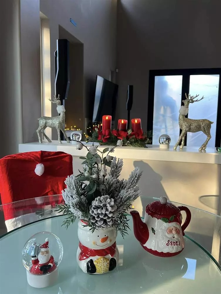 Ngay cả những vật nhỏ trong nhà như đồ chặn giấy, lọ hoa, ấm trà... đều ngập tràn màu sắc Giáng sinh.