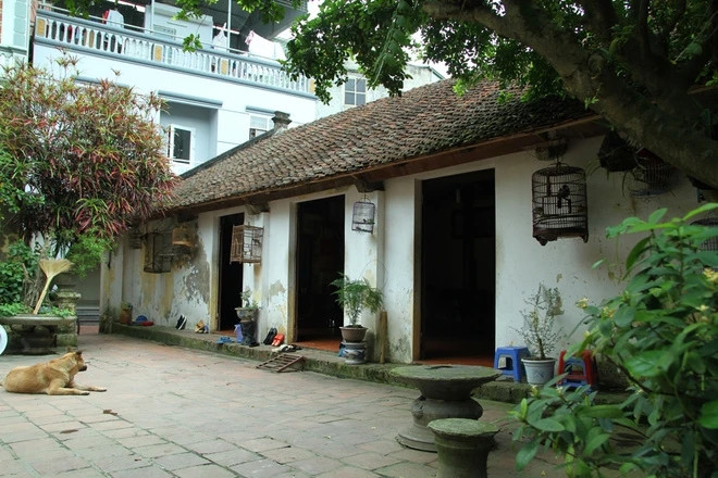 Ngôi nhà mang lối kiến trúc nhà ở đồng bằng Bắc Bộ với 3 gian kế nhau, phía trước là một khoảng sân to, rộng được lát gạch. Ảnh: Plo