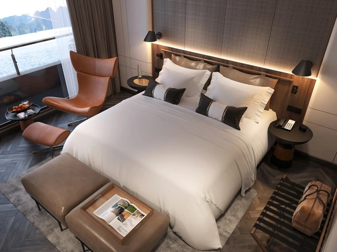 Trên thuyền có đầy đủ các dịch vụ tiêu chuẩn quốc tế, dành cho nhiều đối tượng khách như: Phòng VIP (phòng tổng thống) có diện tích 100m2 với đầy đủ tiện ích. Ảnh: Người lao động