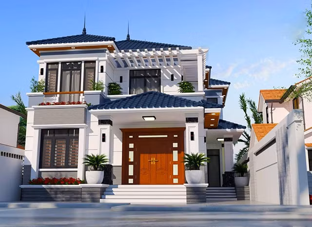 Mẫu nhà 2 tầng chữ L mái Nhật 140m2 5 phòng ngủ dành cho gia đình đông thành viên. Ảnh: Thietkenoithatatz