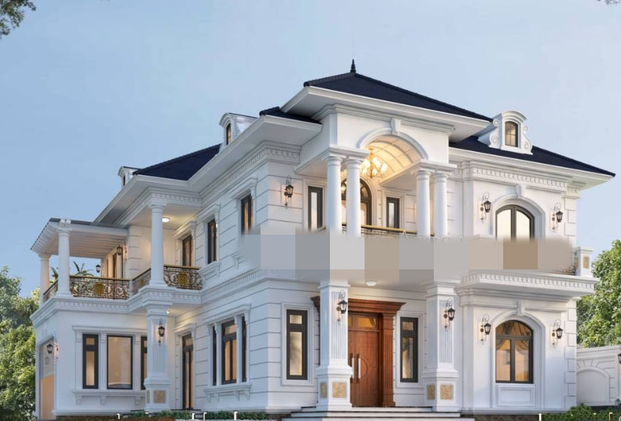 Nhà 2 tầng mái Nhật sang trọng, bề thế với các cột trụ đồ sộ được tô điểm bằng những đường phào chỉ dọc nhẹ nhàng, tinh tế. Ảnh: Asika