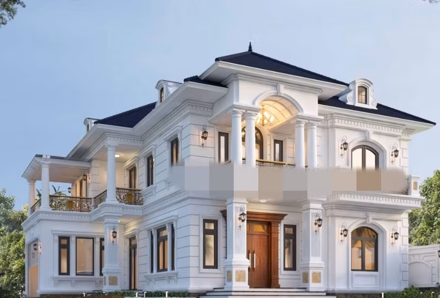 Nhà 2 tầng mái Nhật sang trọng, bề thế với các cột trụ đồ sộ được tô điểm bằng những đường phào chỉ dọc nhẹ nhàng, tinh tế. Ảnh: Asika