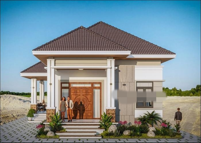 Mẫu nhà cấp 4 mái Nhật 4 phòng ngủ ấn tượng với mái ngói màu nâu, cửa gỗ bề thế. Ảnh: Thietkenhadepmoi