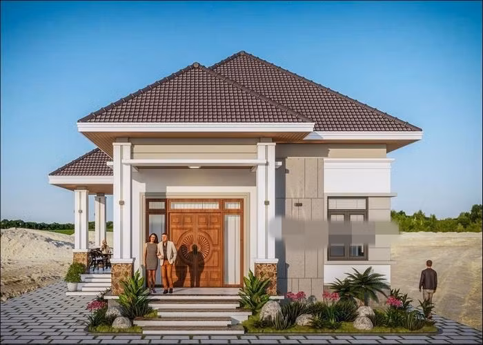 Mẫu nhà cấp 4 mái Nhật 4 phòng ngủ ấn tượng với mái ngói màu nâu, cửa gỗ bề thế. Ảnh: Thietkenhadepmoi