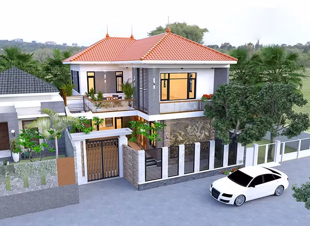 Hình khối bề thế, vuông vắn cùng nhiều đường nét nổi bật tạo nên vẻ đẹp hiện đại, trẻ trung của ngôi nhà 2 tầng chữ L. Ảnh: Thietkenoithatatz