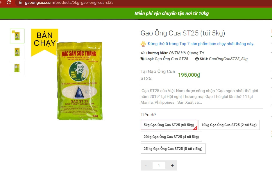 Trong khi đó, trên website gaoongcua.com, gạo ST25 giá 195.000 đồng/túi (5kg). Ảnh chụp màn hình