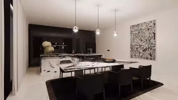 Phòng bếp và khu vực bàn ăn thiết kế đơn giản với điểm nhấn là sự đồng bộ từ mặt bàn, đảo bếp và tranh treo tường. Ảnh: FBNV