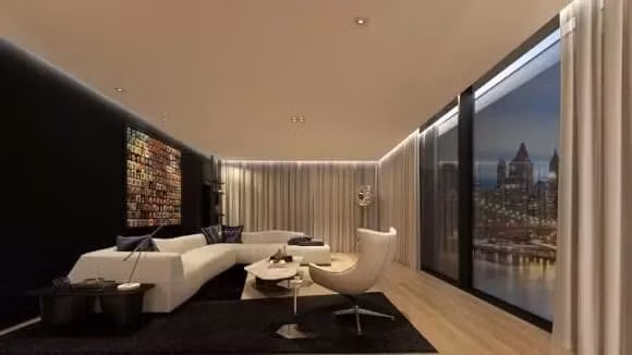 Phòng khách siêu rộng có tầm view nhìn ra thành phố. Ảnh: FBNV