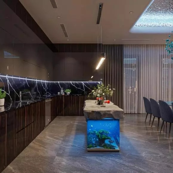 Căn bếp ấn tượng bởi bàn đảo kiêm bể cá phía dưới. Nguồn ảnh: FBNV, chụp màn hình