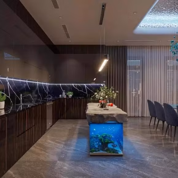 Căn bếp ấn tượng bởi bàn đảo kiêm bể cá phía dưới. Nguồn ảnh: FBNV, chụp màn hình