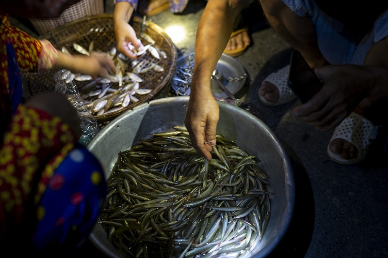 Dưới chân cầu, chợ bắt đầu bằng những tấm bạt cũ rạch đôi trải ra nền đất, với thau, nào rổ rá... Ảnh: PNS