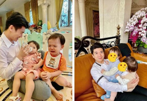 Thiếu gia nhà bầu Hiển thường xuyên khoe ảnh hai thiên thần sinh đôi, khoảnh khắc 3 cha con ở bên. Ảnh: FBNV