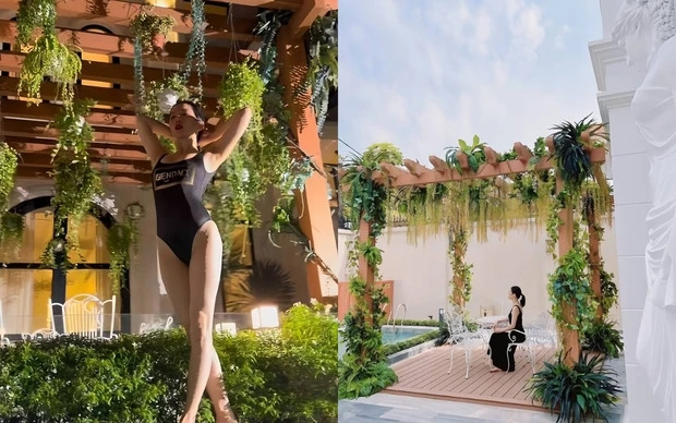 Góc sân nhỏ yên tĩnh cũng là nơi có nhiều góc để ca sĩ Lệ Quyên check in.