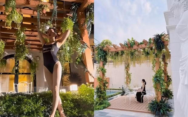 Góc sân nhỏ yên tĩnh cũng là nơi có nhiều góc để ca sĩ Lệ Quyên check in.