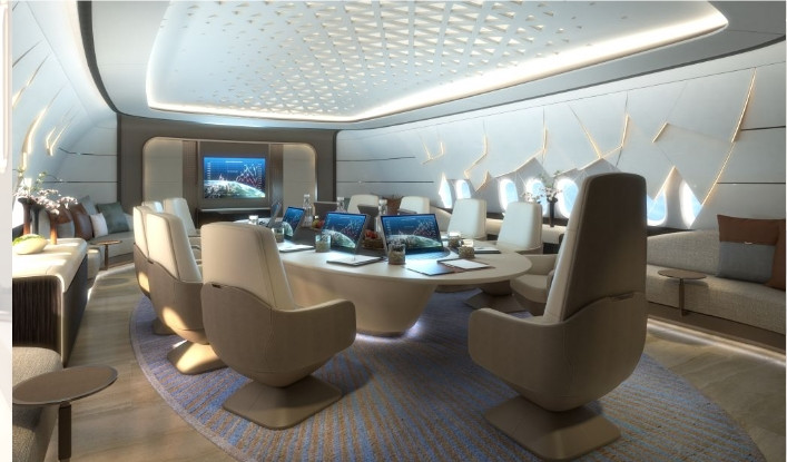 Khu vực ăn uống trên chiếc máy bay tư nhân gồm 11 chỗ ngồi, có chức năng như một phòng họp.