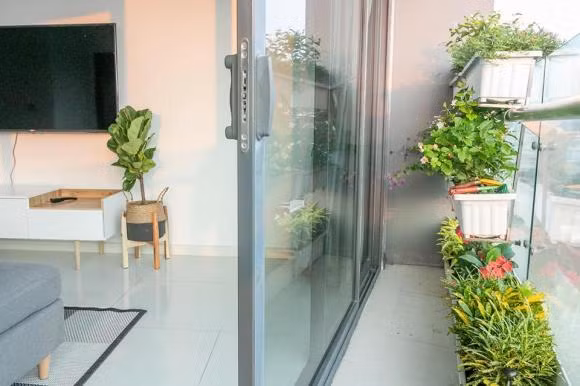 Ban công nhỏ nhưng được trang trí bắt mắt với chậu cây hoa khoe sắc. Ảnh: FBNV