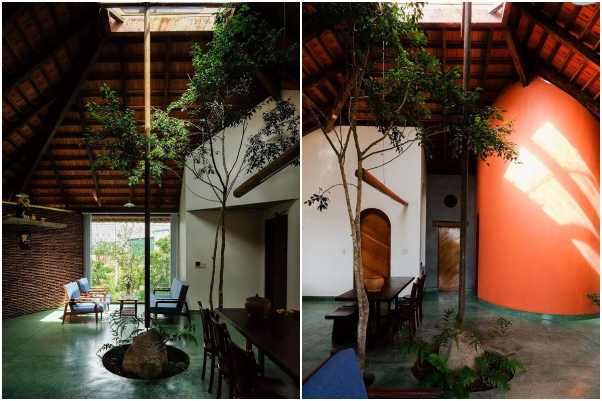 Dưới khu vực giếng trời là cây xanh và bàn ăn.