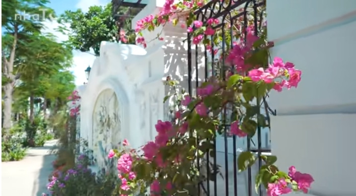 Phía ngoài căn biệt thự có giàn hoa giấy bung nở rực rỡ.