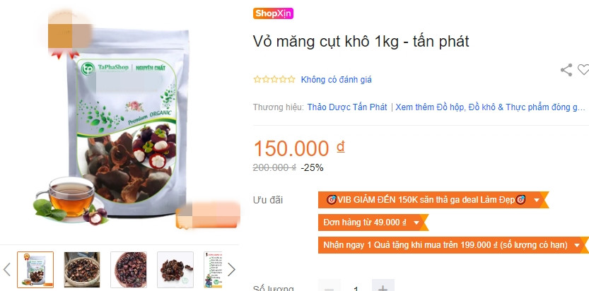 Ít ai biết, trên chợ mạng, vỏ măng cụt khô được rao bán với giá 150.000 đồng/kg. Ảnh chụp màn hình