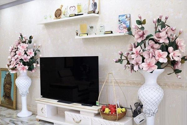 Kệ ti vi với hai chậu hoa giả lớn do vợ nam diễn viên kết và bày trí giữa phòng khách. Ảnh: chụp màn hình