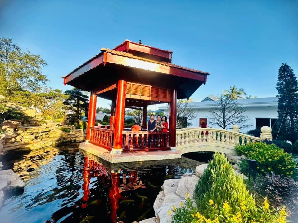 Trong khuôn viên biệt thự có khu vực sân vườn, tiểu cảnh, hồ cá để thư giãn trong những ngày gia đình về quê.