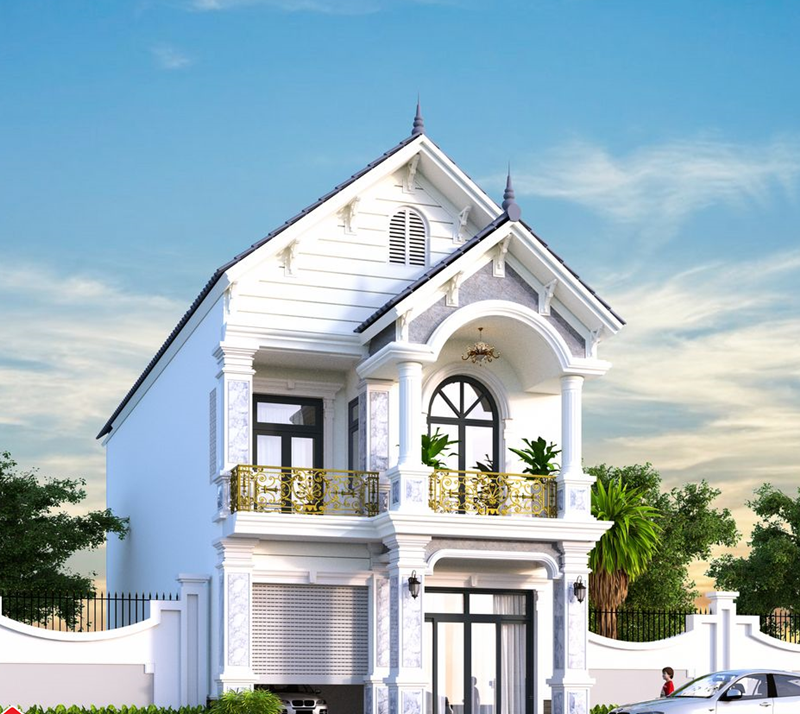 Nhà phố mái thái 2 tầng thiết kế theo tông màu trắng kết hợp các thanh lam nhôm trang trí bắt mắt. Ảnh: Songphat construction