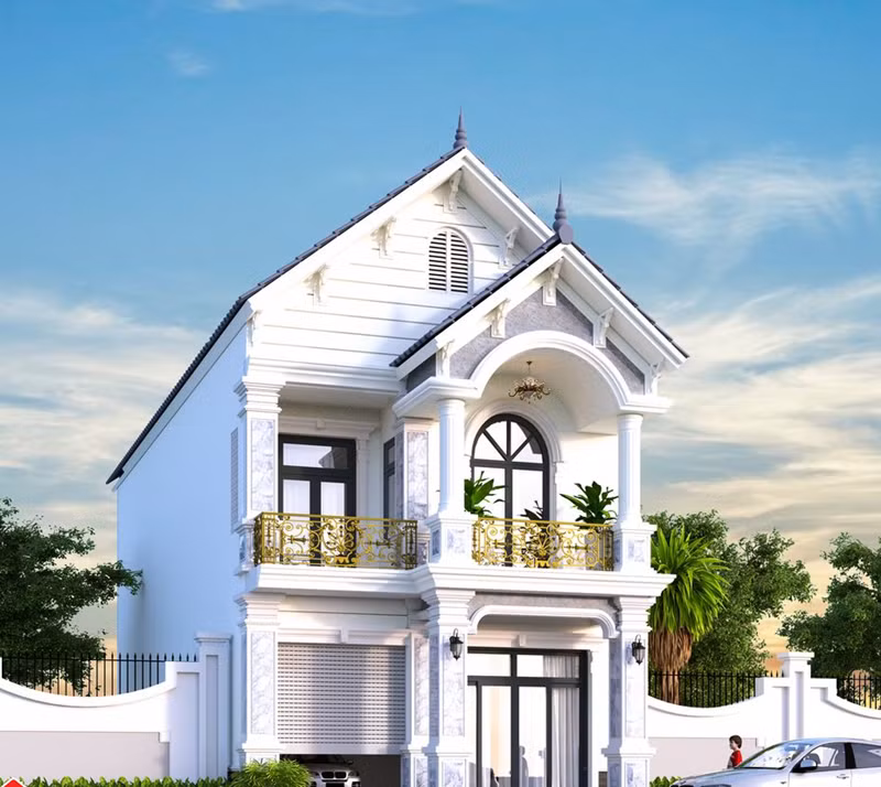 Nhà phố mái thái 2 tầng thiết kế theo tông màu trắng kết hợp các thanh lam nhôm trang trí bắt mắt. Ảnh: Songphat construction