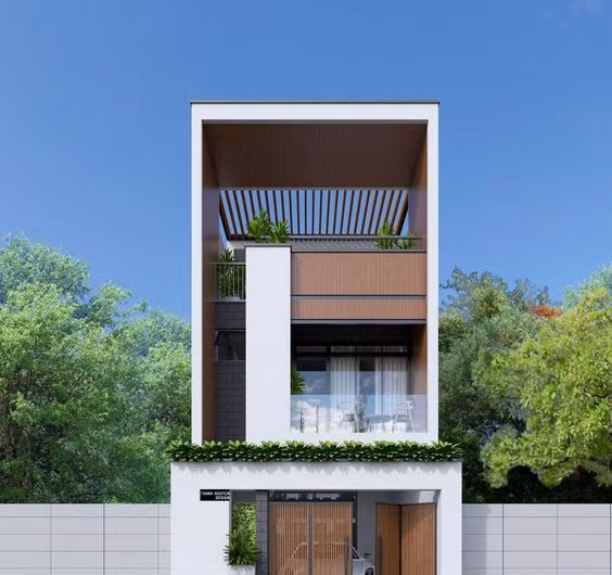 Nhà ống 2 tầng đẹp mắt với thiết kế hệ lam tại khu vực sân thượng. Ảnh: Songphat construction