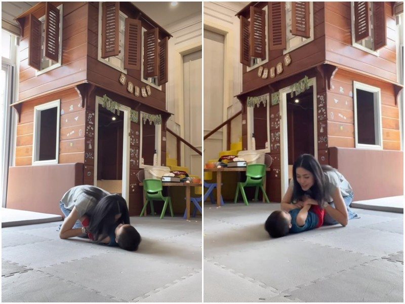 Đây chú ý nhất trong video Hà Tăng đăng tải là khung cảnh căn phòng có góc vui chơi của các con được thiết kế rộng rãi. Ảnh chụp màn hình