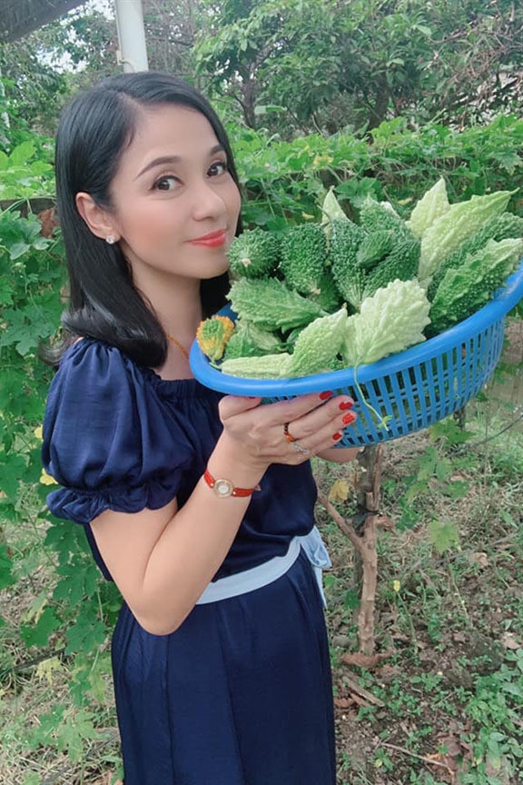 Trong khuôn viên biệt thự, Việt Trinh dành phần lớn diện tích cho không gian khu vườn trồng rau và các loại cây ăn trái.