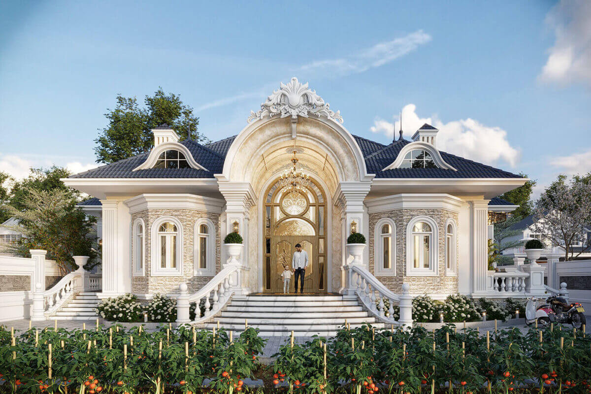 Nhà nhà mái Nhật 1 tầng phong cách tân cổ điển mang tới kiến trúc sang trọng, tinh tế hòa quyện giữa sự tự do của phong cách hiện đại. Ảnh: Noithattugia