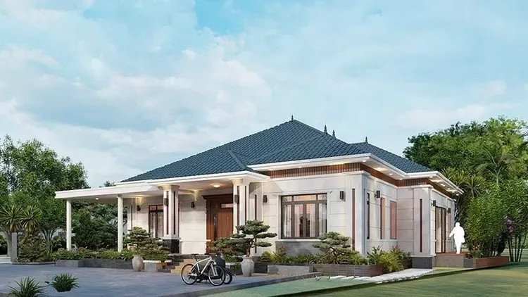 Nhà 1 tầng có sự kết hợp từ nhiều chất liệu khác nhau như gỗ, đá, kính... Dù khá đơn giản nhưng vẫn mang đến vẻ đẹp sang trọng. Ảnh: Spacet