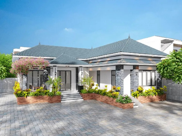 Nhà mái Nhật kết hợp cảnh quan sân vườn xanh tươi tạo vẻ thông thoáng, tươi mát. Ảnh: Spacet