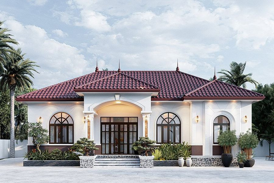 Nhà mái Nhật 1 tầng sang trọng với sự hài hòa trong bố cục hình khối và màu sắc. Ảnh: Decoxdesign