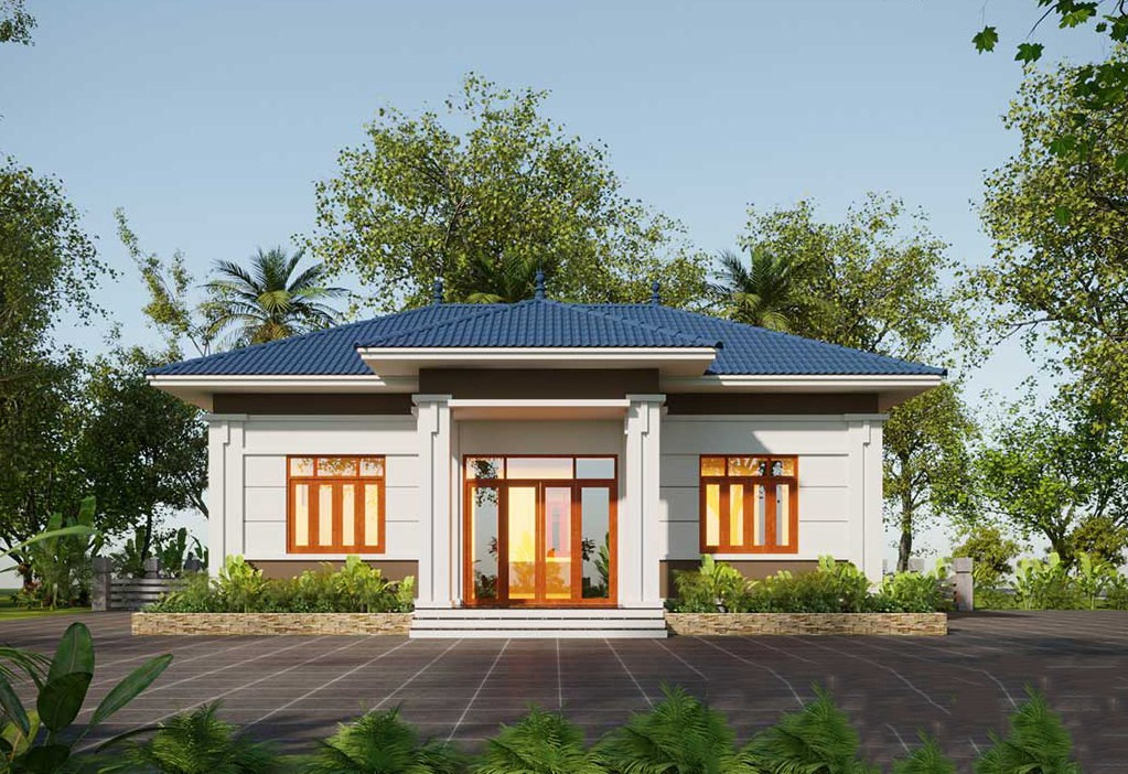 Mẫu nhà cấp 4 kiểu 3 gian 2 chái truyền thống là một trong những mẫu nhà điển hình tại nông thôn. Mặt tiền thiết kế đơn giản nhưng được tô điểm bằng các đường phào chỉ trắng kẻ ngang. Ảnh: Wedo