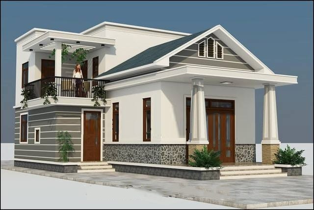 Mẫu nhà cấp 4 có ban công trên gác lửng được nhiều gia chủ lựa chọn trong năm qua. Xung quanh tường được thiết kế kẻ rãnh sơn khác màu tạo nên điểm nhấn. Ảnh: Wedo