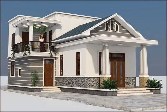 Mẫu nhà cấp 4 có ban công trên gác lửng được nhiều gia chủ lựa chọn trong năm qua. Xung quanh tường được thiết kế kẻ rãnh sơn khác màu tạo nên điểm nhấn. Ảnh: Wedo