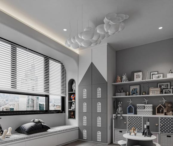 Căn phòng rộng rãi, có nhiều tủ kệ cho con trai thoải mái vui chơi và phát triển toàn diện.